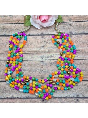 Mutli 5 Strand Statement Necklace Fun Colorful Glass Faceted Beads Pullover 34"